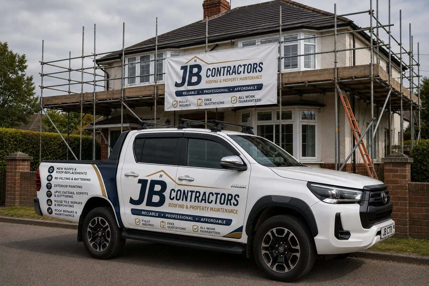 Truro Roofing pickup truck on site at a scaffolded roofing job in Truro