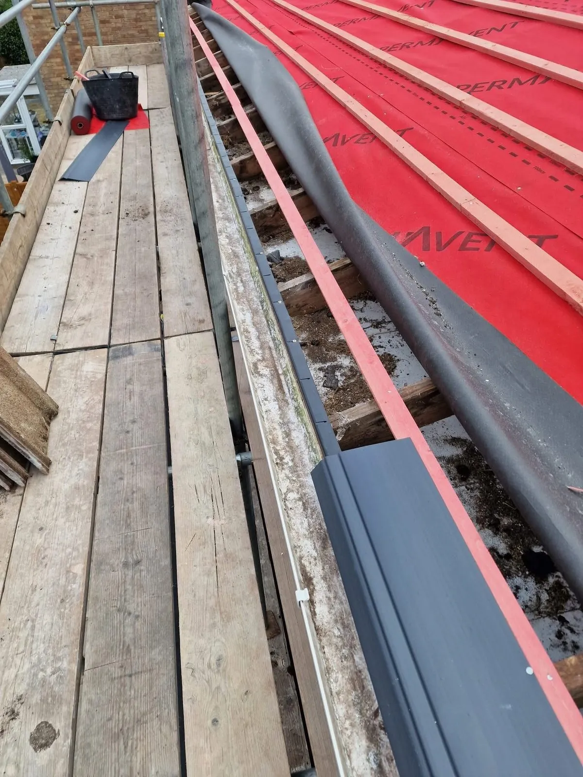 Breathable membrane and battens fitted during a re-roof in Truro
